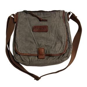 Duluth Trading Co Gray Cotton Canvas Brown Leather Messenger Shoulder Bag Unisex